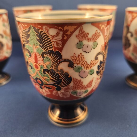 Arita Japanese Teacups Footed Yunomi Cobalt Blue Gold Trim Tea Cups Set 5 Imari - Picture 8 of 10